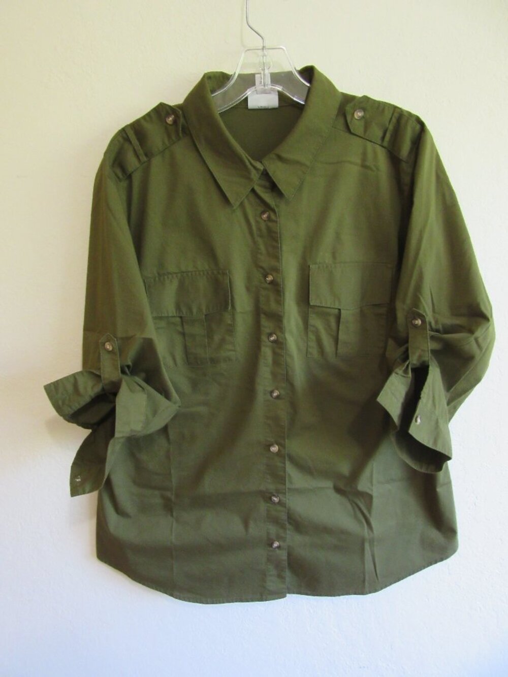 WORTHINGTON Green XL Roll Up 3/4 Sleeve Button Collared Casual Work Blouse